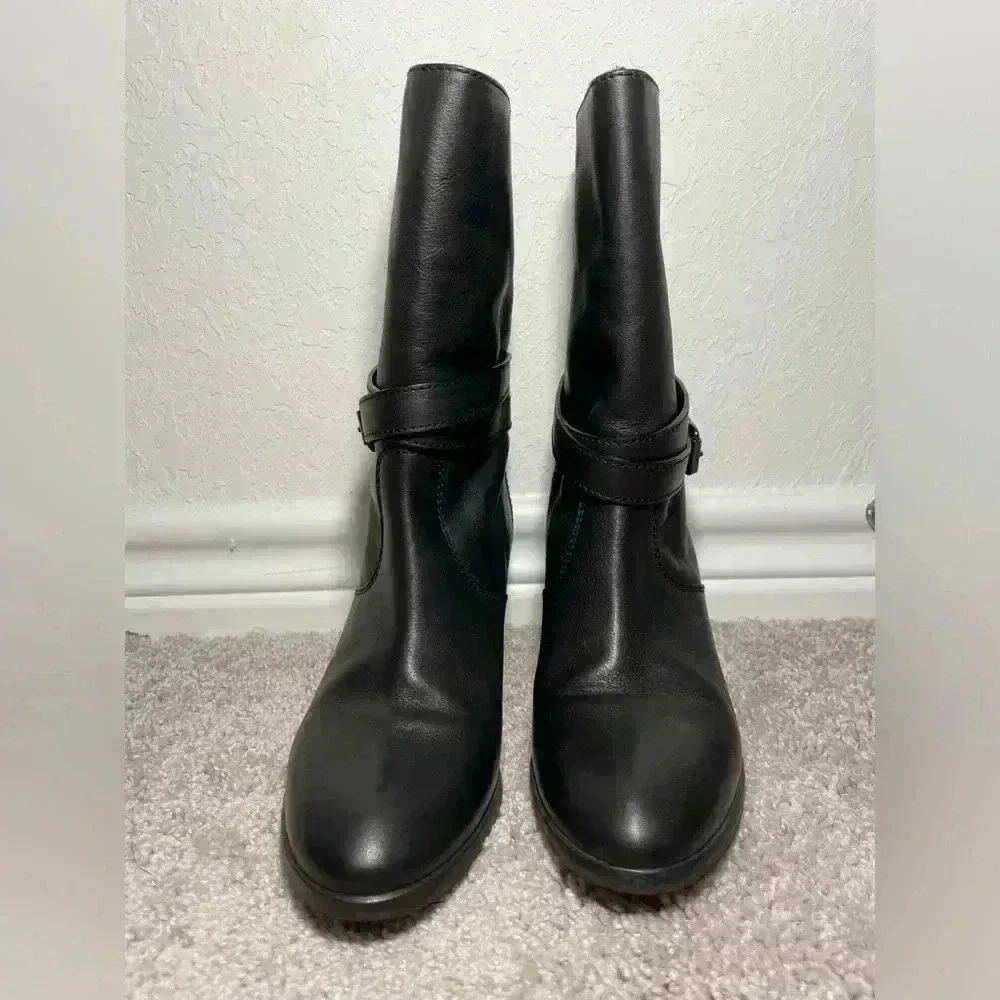 J CREW Extended Calf Black Leather Boots with Buckle Womens Size 7